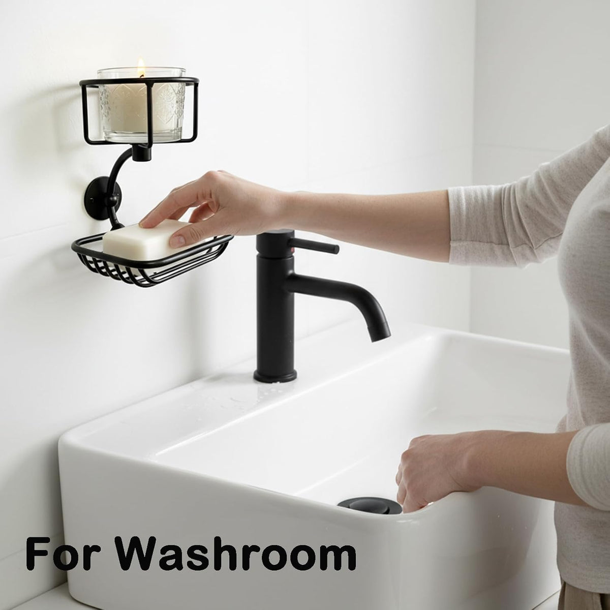 Wall Mounted Bar Soap Holder with Candle & Vase Holder, Farmhouse Soap Dish for Shower Wall, 2-Tier Rustproof Sponge & Soap Organizer for Bathroom, Black Bathroom Wall Decor