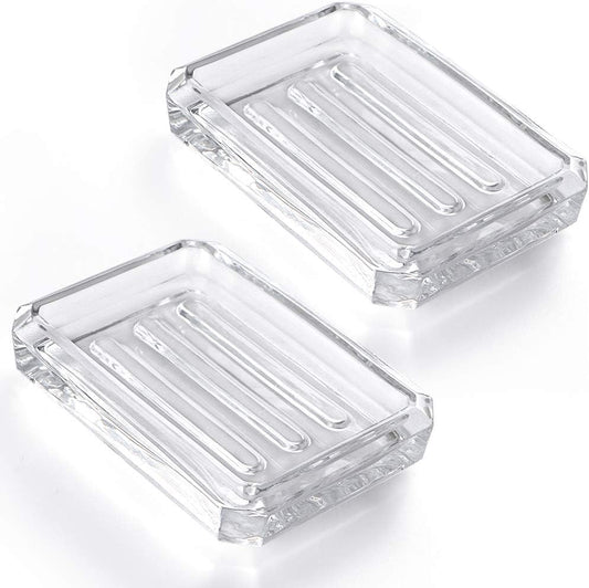 MDLUU 2-Pack Glass Bar Soap Dish, Decorative Soap Saver Tray for Shower, Bathtub, Bathroom Sink, Kitchen Sink (Square)