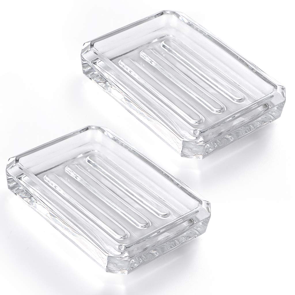 MDLUU 2-Pack Glass Bar Soap Dish, Decorative Soap Saver Tray for Shower, Bathtub, Bathroom Sink, Kitchen Sink (Square)