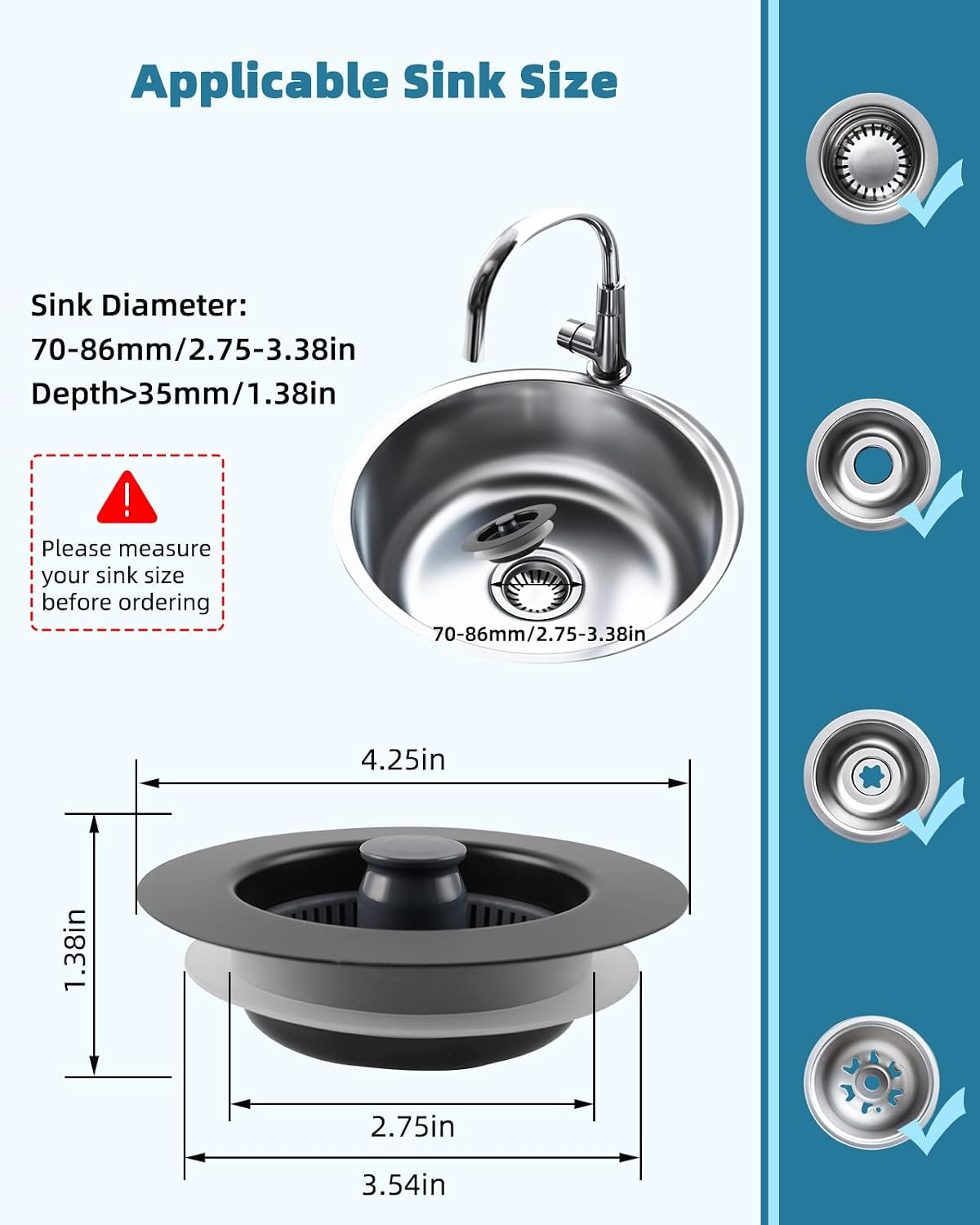 Universal 3 in 1 Kitchen Sink Drain Strainer Stopper Combo, Matte Black