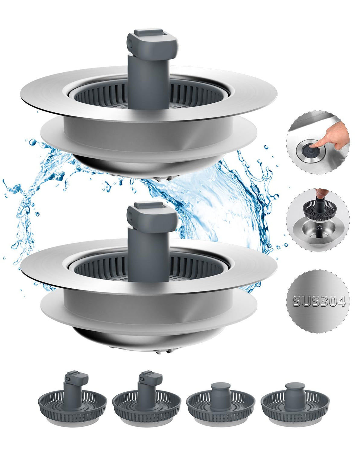Hibbent Upgraded 3 in 1 Kitchen Sink Drain Strainer and Stopper Combo, Stainless Steel Metal Pop Up Sink Stopper, Anti-Clogging Basket with Foldable Handle for US Standard 3-1/2 Inch Drain