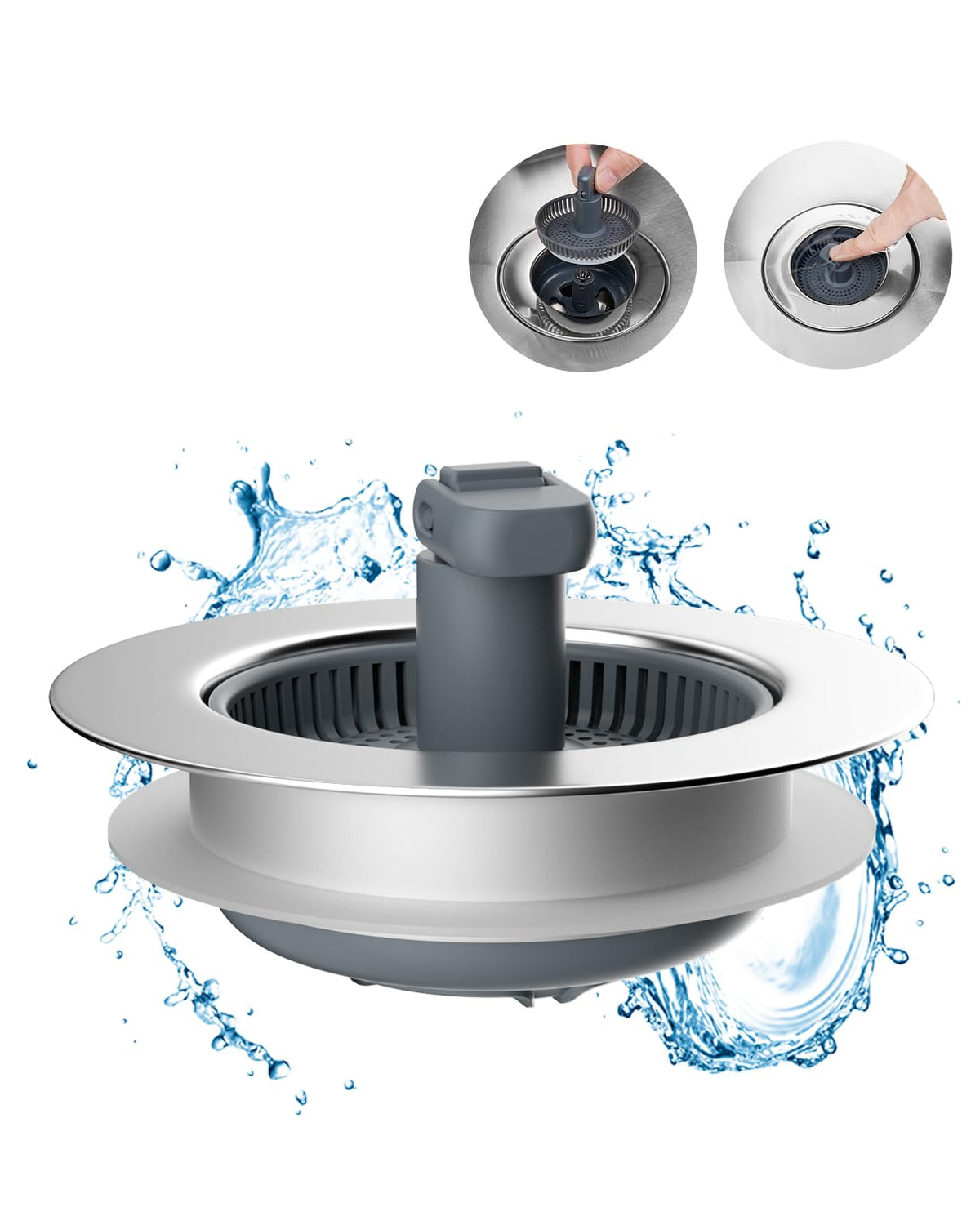 Hibbent Upgraded 3 in 1 Kitchen Sink Drain Strainer and Stopper Combo, Stainless Steel Metal Pop Up Sink Stopper, Anti-Clogging Basket with Foldable Handle for US Standard 3-1/2 Inch Drain