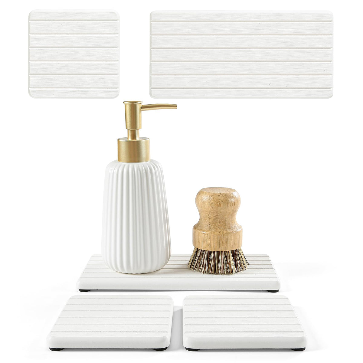 3 Pack Diatomite Stone Sink Tray, Water Absorbing Mat for Kitchen & Bathroom Counter, Quick Dry Soap Dish Makeup Vanity Caddy,Sponge Holder Organizer, Beige - 2pcs of 4.5"x 3.5" and 1pc of 9"x 3.5"