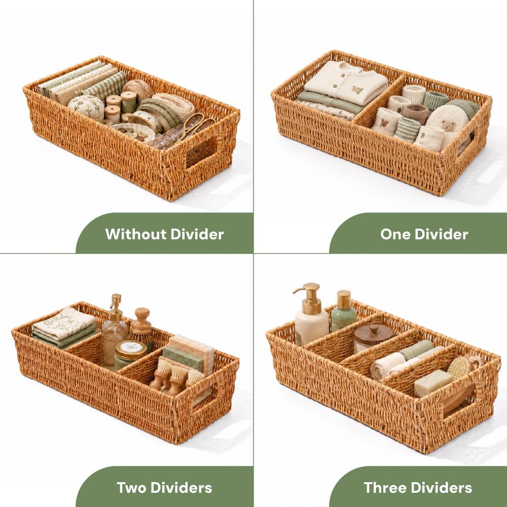 2PCS Rattan Pantry Organizer Baskets with Removable Dividers