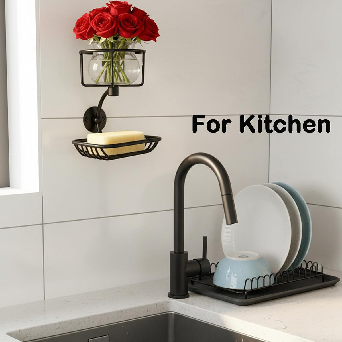 Wall Mounted Bar Soap Holder with Candle & Vase Holder, Farmhouse Soap Dish for Shower Wall, 2-Tier Rustproof Sponge & Soap Organizer for Bathroom, Black Bathroom Wall Decor