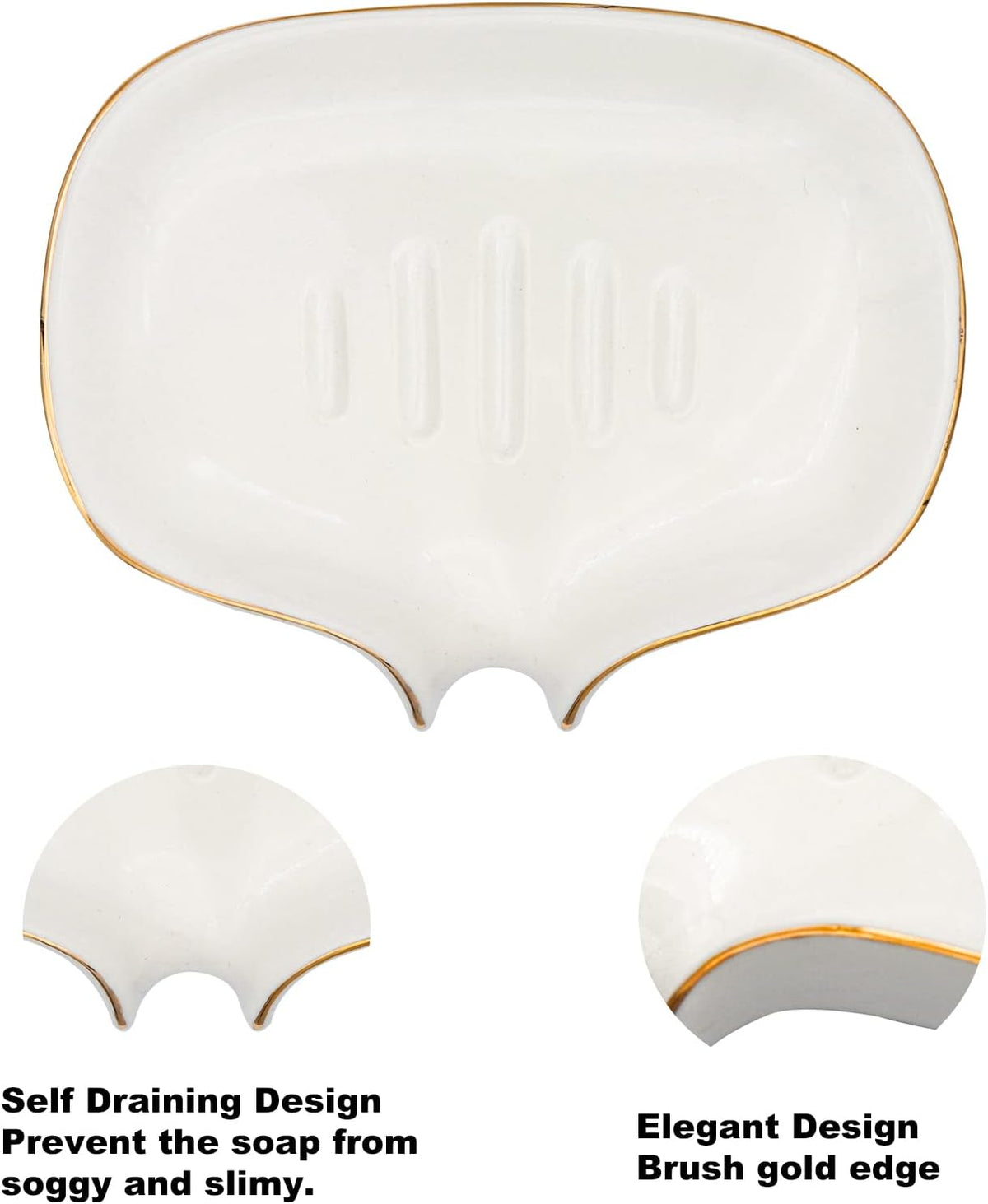 White Soap Dish Ceramic Self Draining Soap Dish Waterfall Slot Gold Edge Bathroom Accessories for Bathroom, Kitchen,Bar Counter