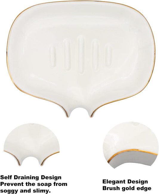 White Soap Dish Ceramic Self Draining Soap Dish Waterfall Slot Gold Edge Bathroom Accessories for Bathroom, Kitchen,Bar Counter