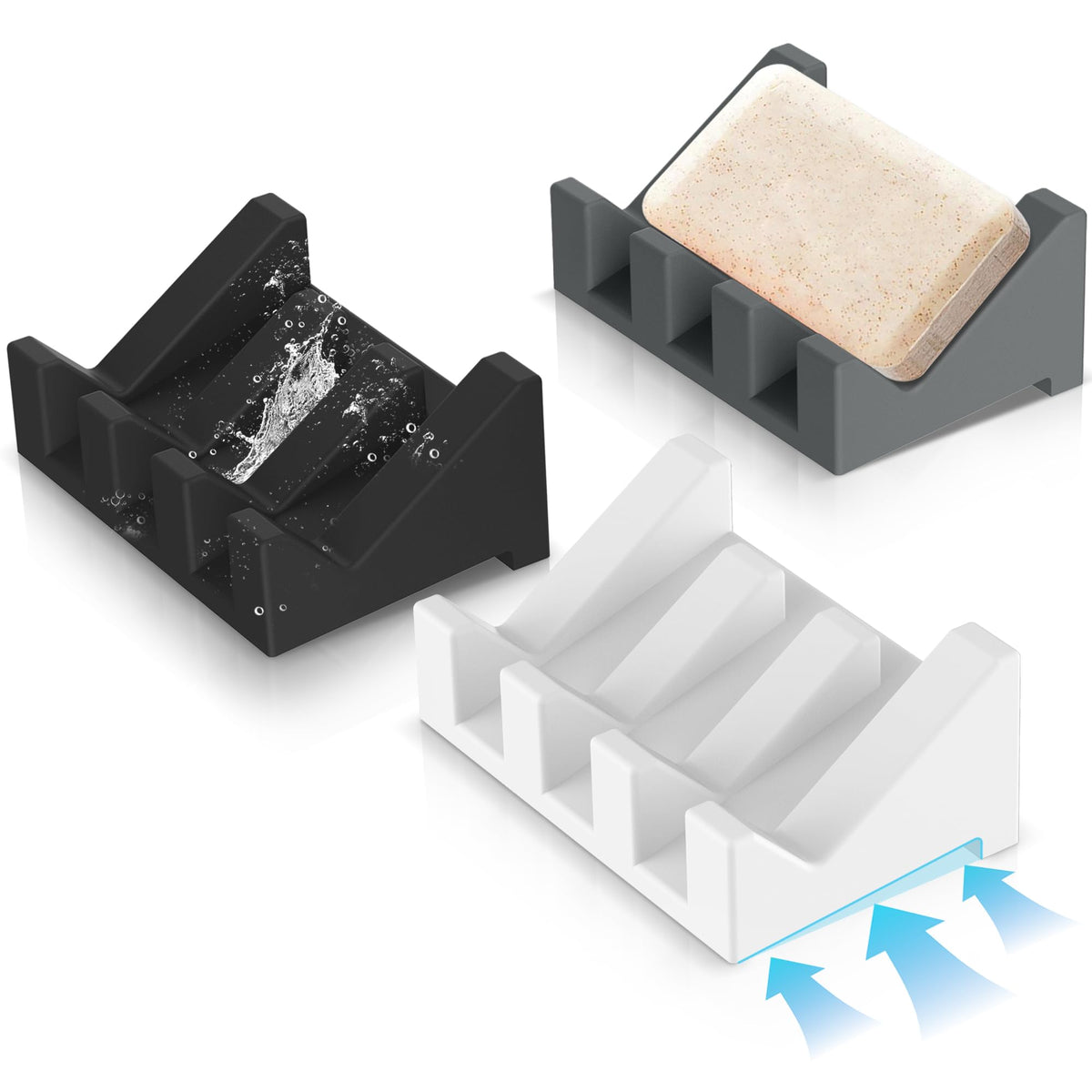 Silicone Soap Dish,3PCS Self Draining Bar Soap Holder,Dark Gray