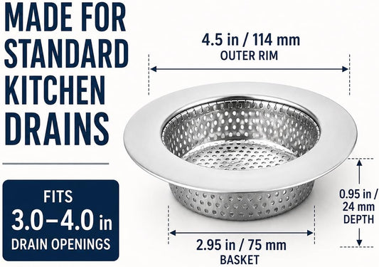 Helect 3-Pack Kitchen Sink Strainer - Stainless Steel Drain Filter with Large 4.5" Wide Rim, Anti-Clog Perforated Basket for Standard Sinks