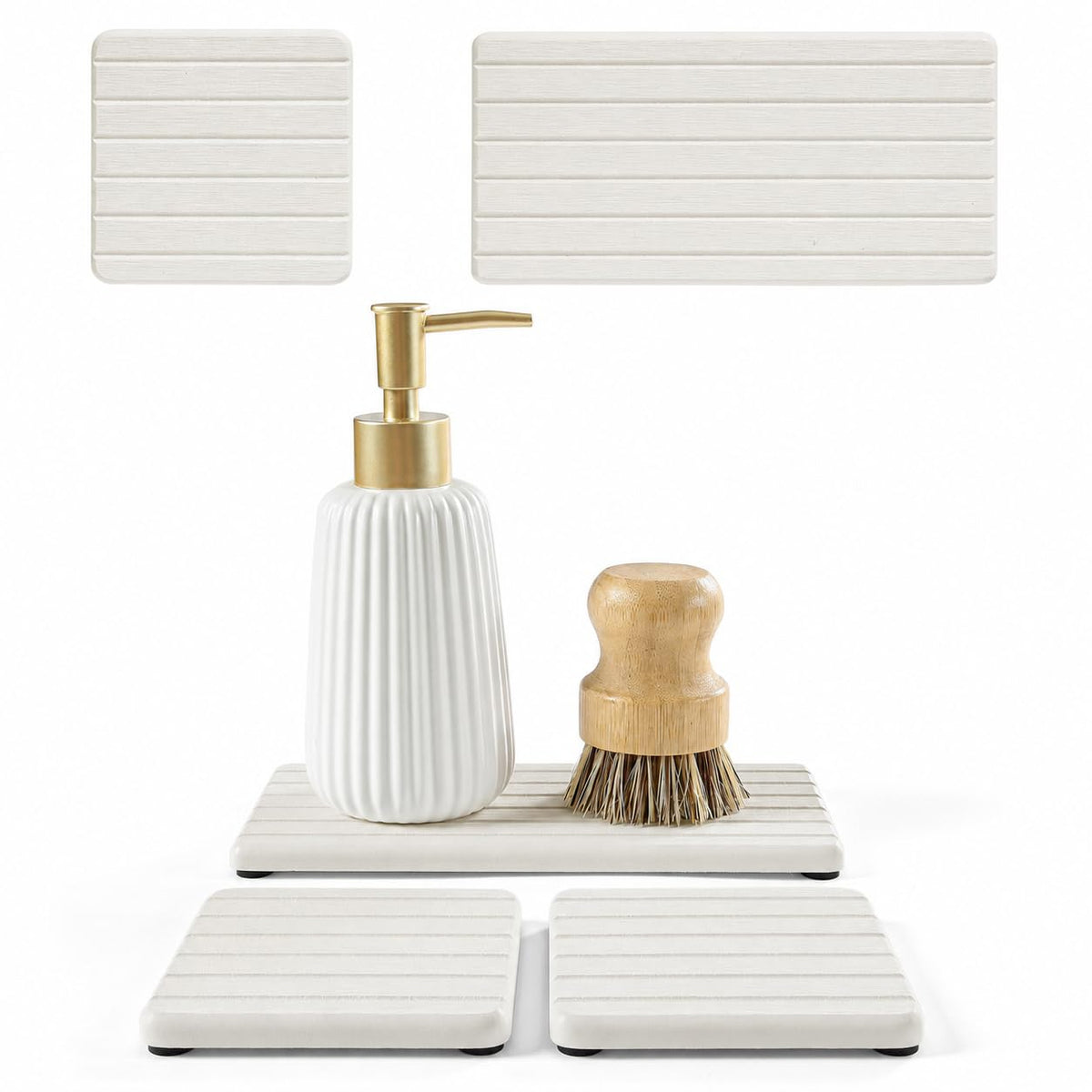 3 Pack Diatomite Stone Sink Tray, Water Absorbing Mat for Kitchen & Bathroom Counter, Quick Dry Soap Dish Makeup Vanity Caddy,Sponge Holder Organizer, Beige - 2pcs of 4.5"x 3.5" and 1pc of 9"x 3.5"