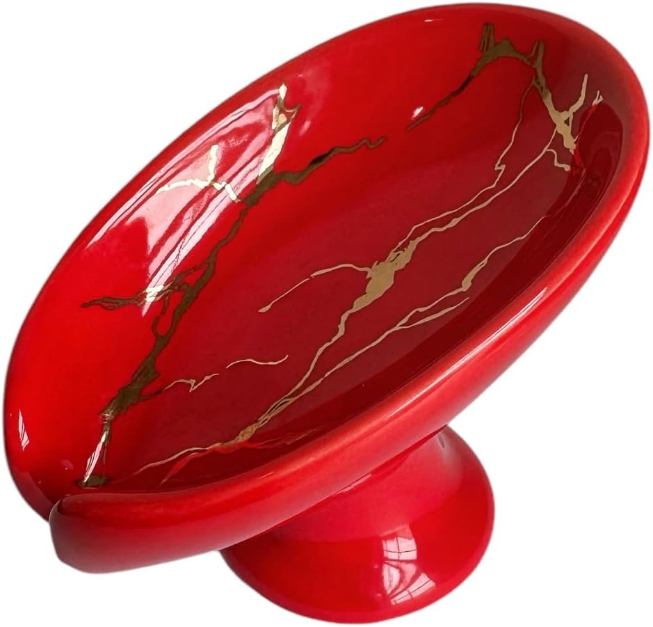 Luxury Porcelain Soap Dish Holder for Bathroom, Ceramic Soap Tray with Drainage Hole, Soap Saver (1, red)