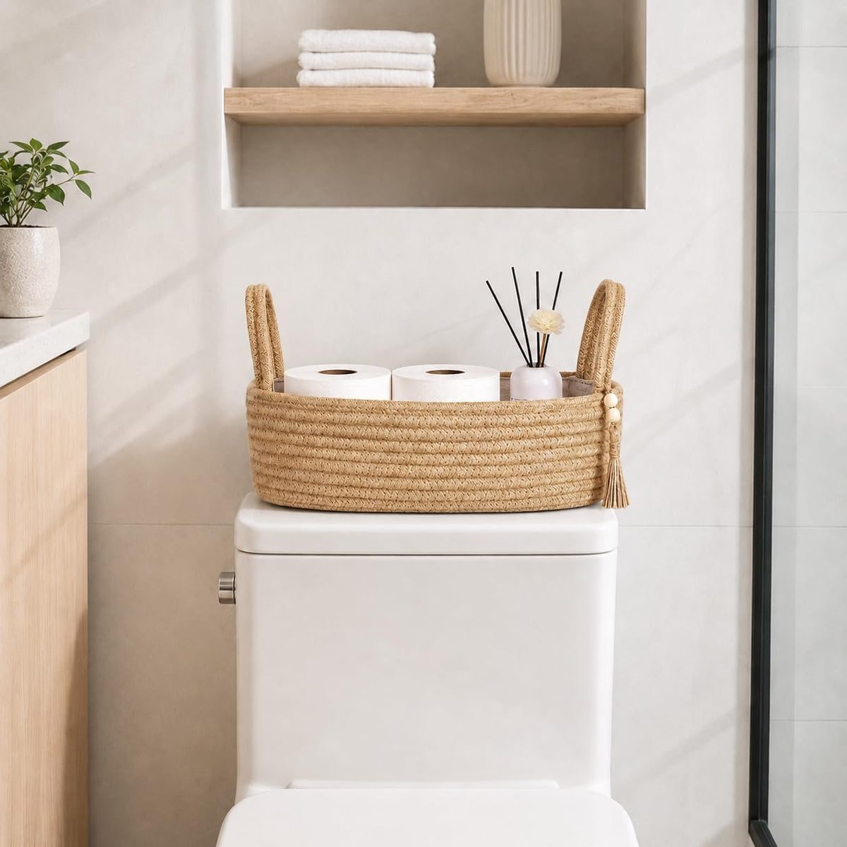 ABenkle Small Storage Basket, Jute Rope Woven Toilet Paper Tray Organizer for Toilet Tank Top, Boho Bathroom Decor Holder for Shelf Bedroom Living Room -13x6x4 Inches