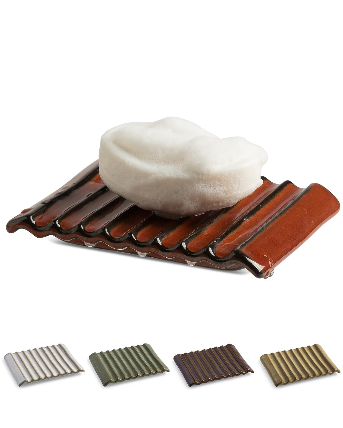 Zoeeker Soap Dish with Waterfall Design, Ceramic Soap Holder for Countertop