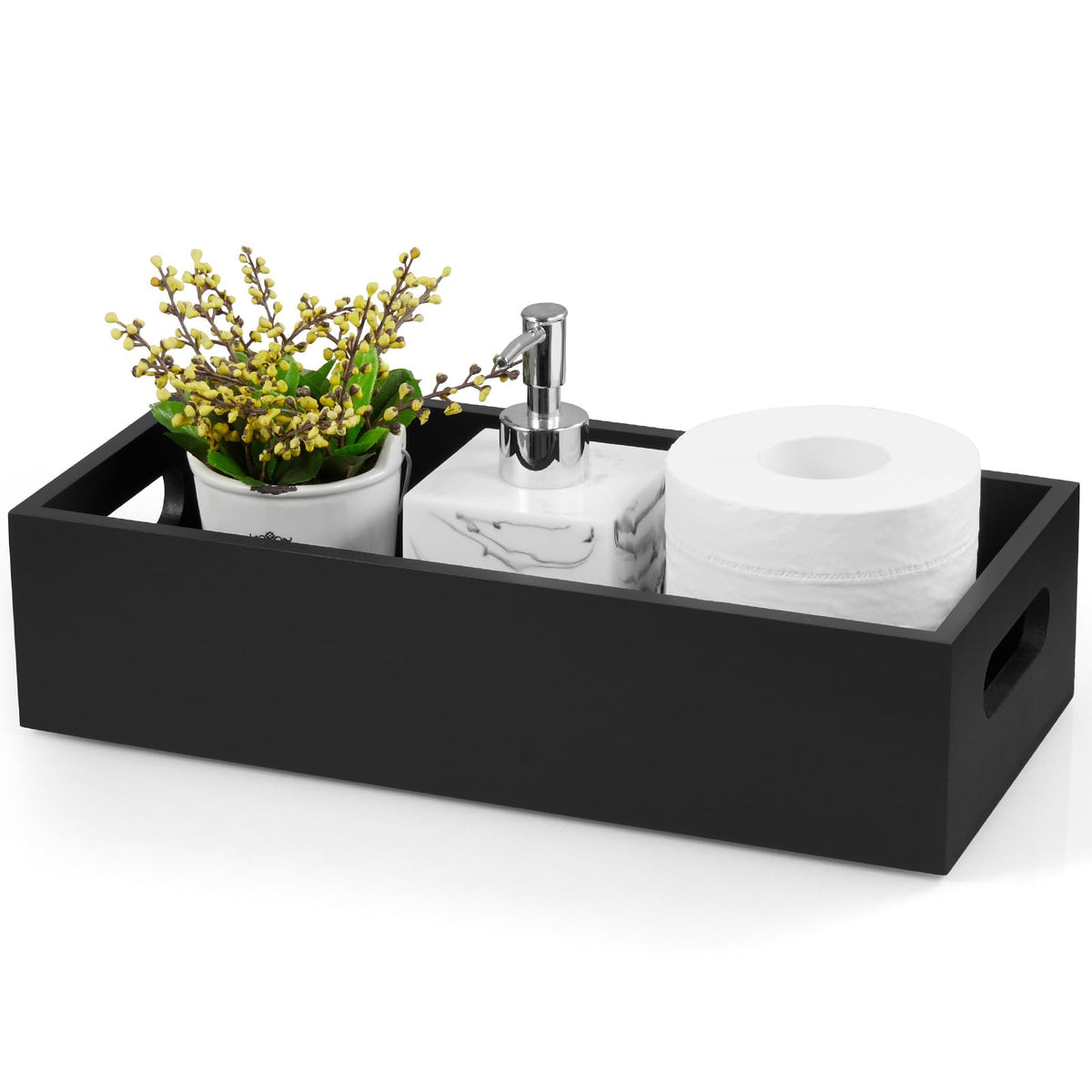 ALELION Acacia Wood Bathroom Storage Basket for Organizing - Toilet Paper Basket with Handle for Back of Toilet Tank Top Topper - Small Narrow Baskets for Kitchen Pantry Garage Laundry Room Storage