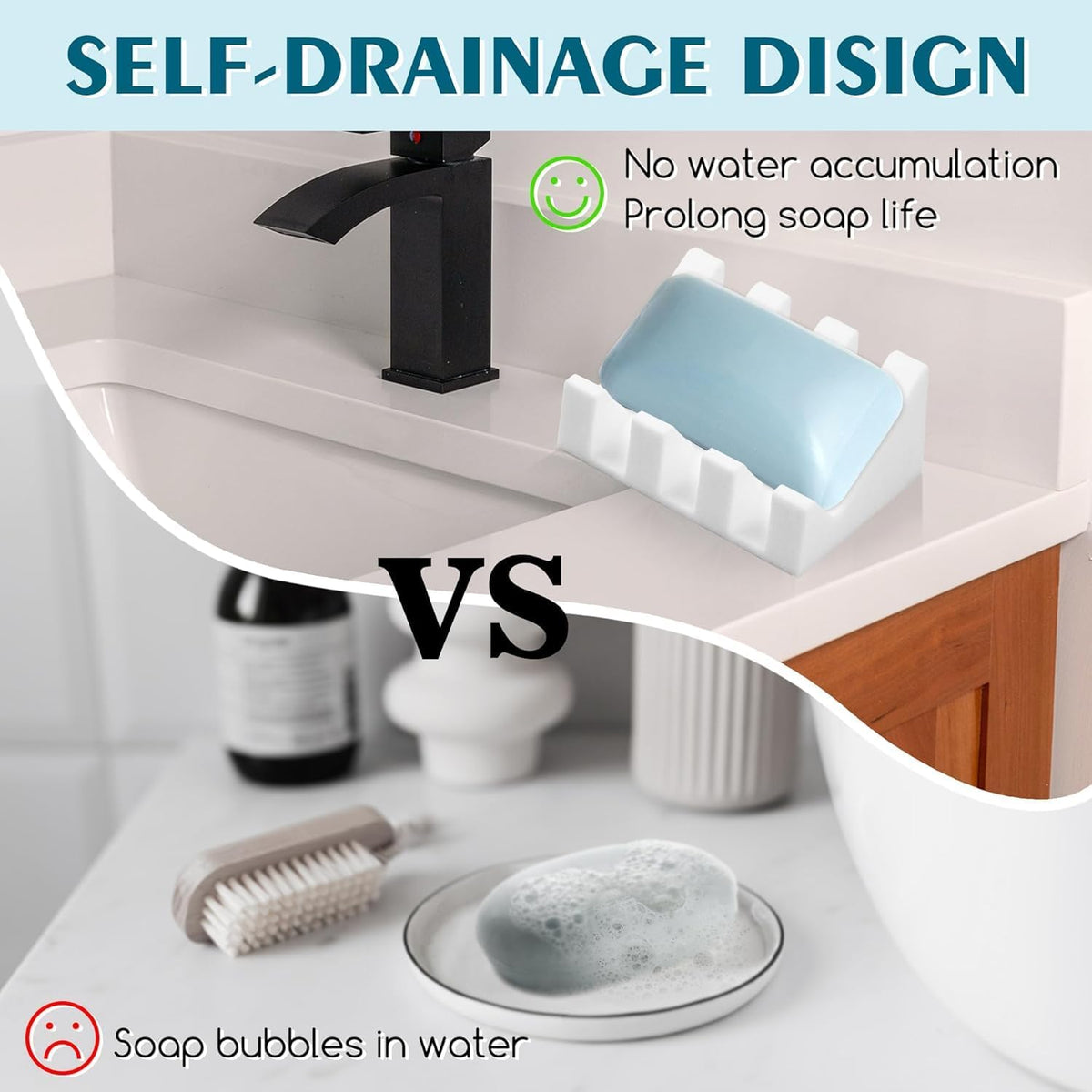Silicone Soap Dish Self Draining with Suction Cups (White, 2 Pack)