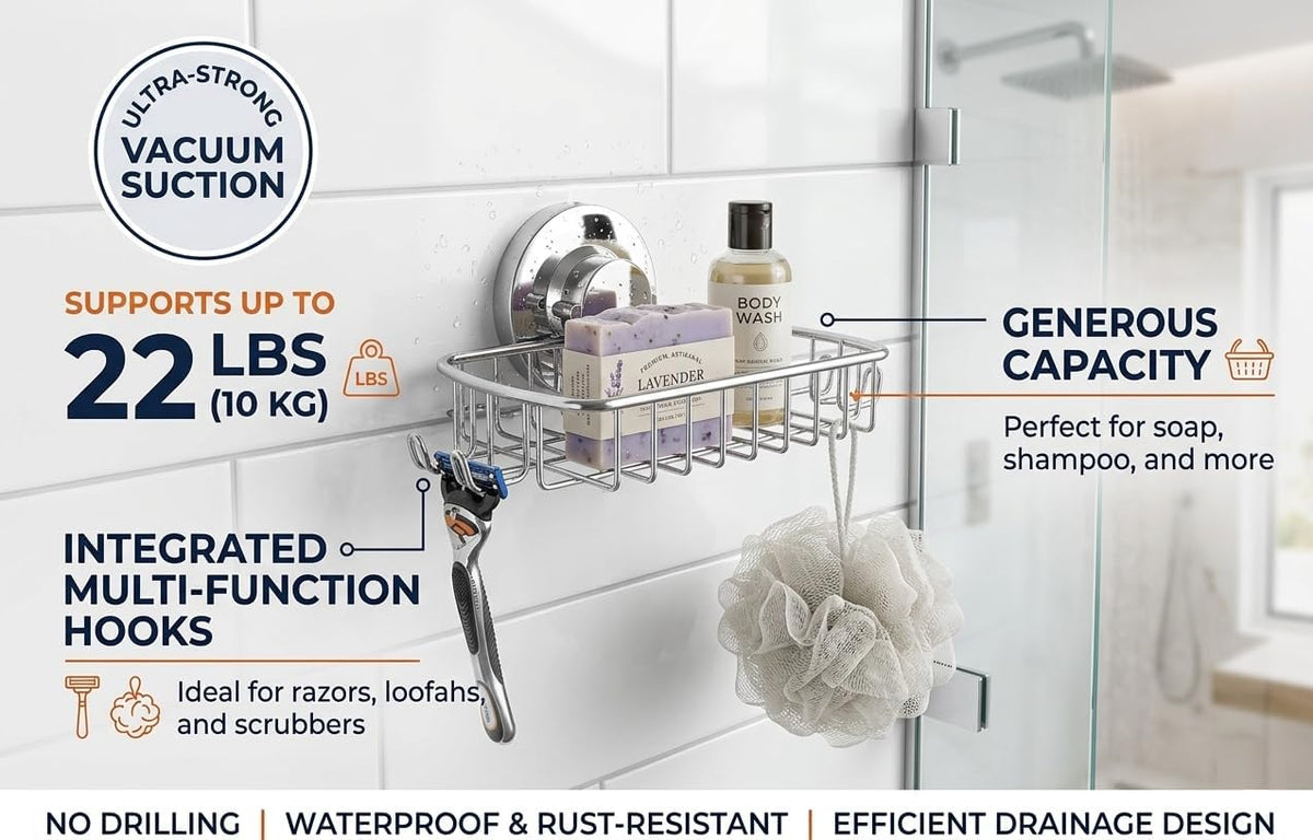 Soap Dish for Shower Suction Cup Powerful Vacuum System Rustproof 304 Stainless Steel Basket Sponges Holder with Razor Hooks for Bathroom or Kitchen Soap Holder (Silver)