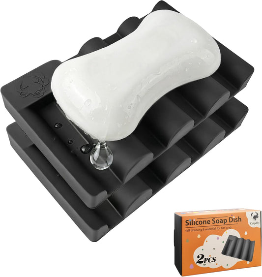 Silicone Soap Dish,Self Draining Soap Holder Perfect for Shower,Bathroom Sink,Kitchen Sink & Travel,Non-Slip Bar Soap Holder Extend Soap Life,Keep Soap Bars Dry & Easy Cleaning Black-2Pcs