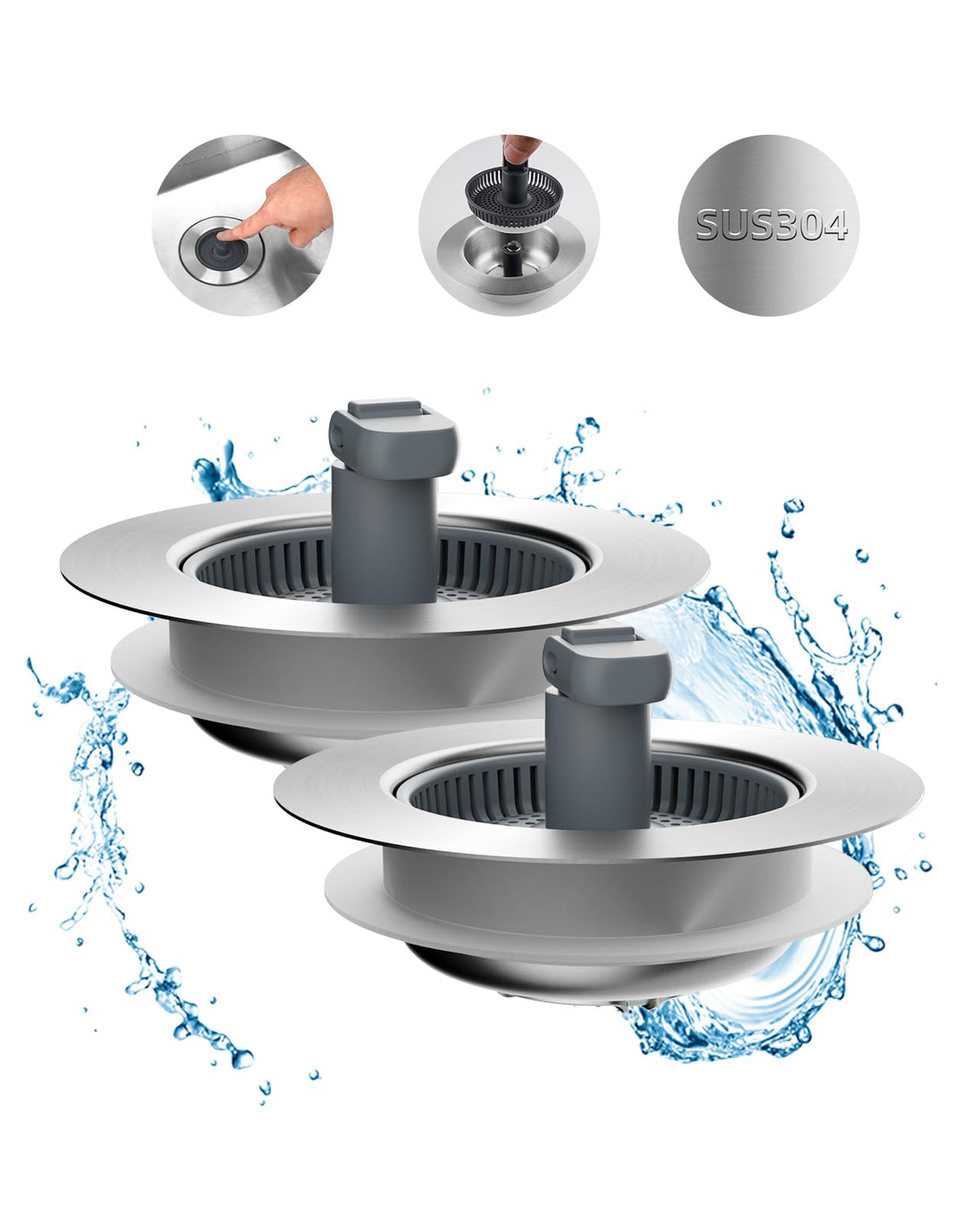 Hibbent Upgraded 3 in 1 Kitchen Sink Drain Strainer and Stopper Combo, Stainless Steel Metal Pop Up Sink Stopper, Anti-Clogging Basket with Foldable Handle for US Standard 3-1/2 Inch Drain