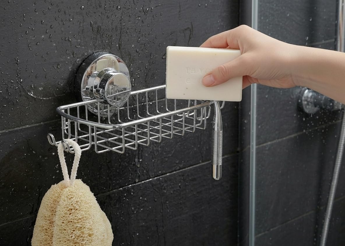 Soap Dish for Shower Suction Cup Powerful Vacuum System Rustproof 304 Stainless Steel Basket Sponges Holder with Razor Hooks for Bathroom or Kitchen Soap Holder (Silver)