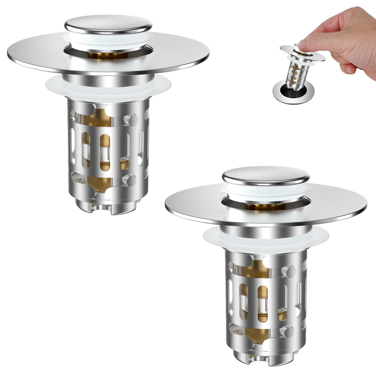 Hibbent 2 Pack Bathroom Sink Drain Strainer, 3 in 1 Pop Up Stopper