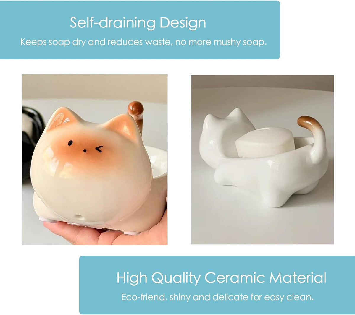 Ceramic Cute Cat Soap Dish 45° Self Draining Tray (Black)