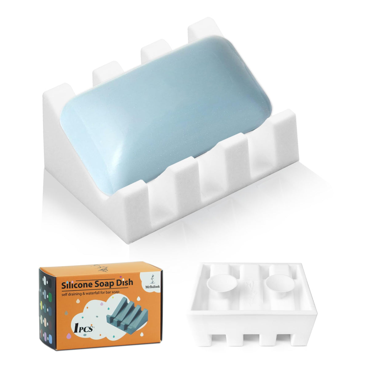 Silicone Soap Dish Self Draining with Suction Cups (White, 2 Pack)