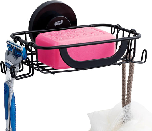 TAILI Soap Holder, Soap Dish Suction Cup with Hooks for Shower Wall, Black