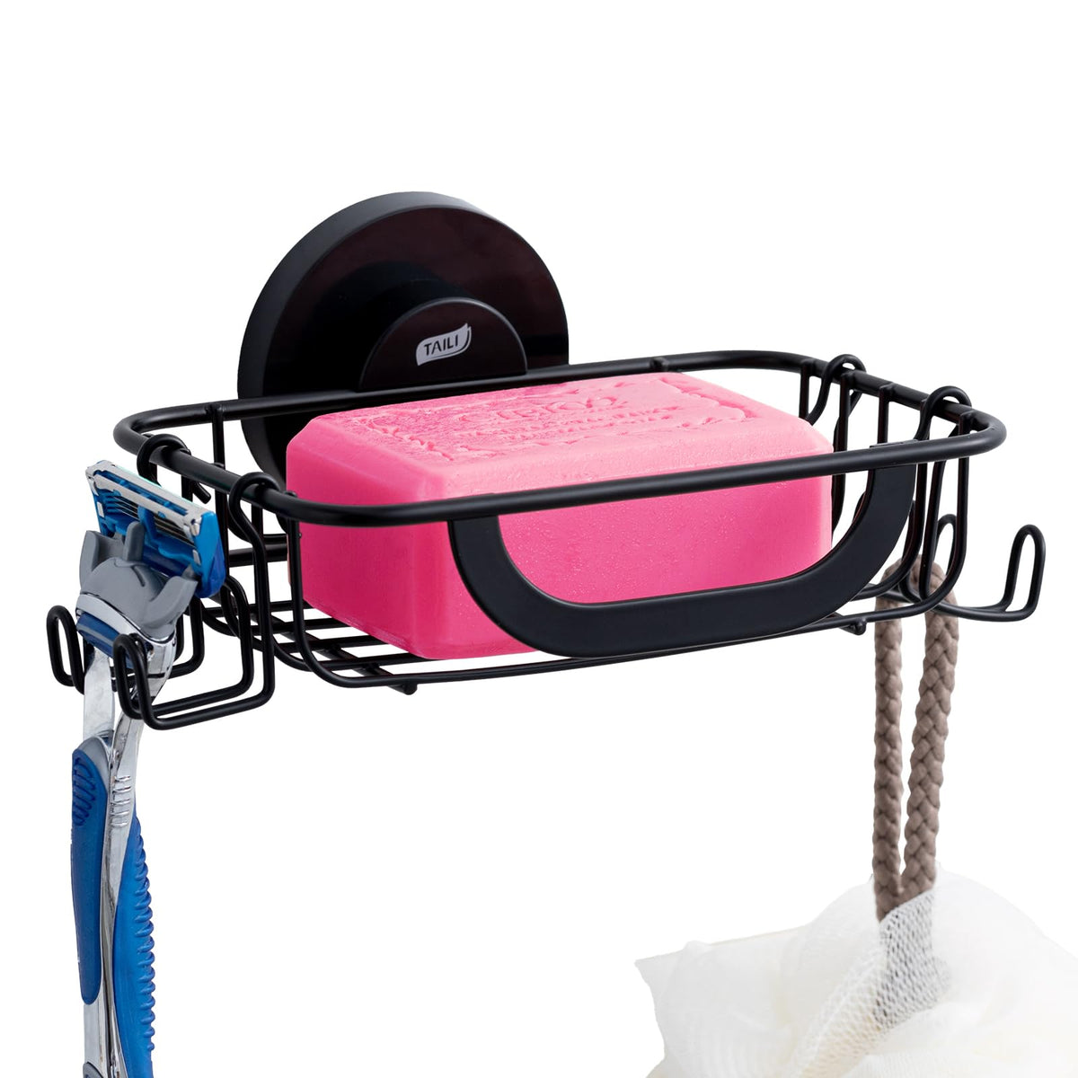 TAILI Soap Holder, Soap Dish Suction Cup with Hooks for Shower Wall, Black