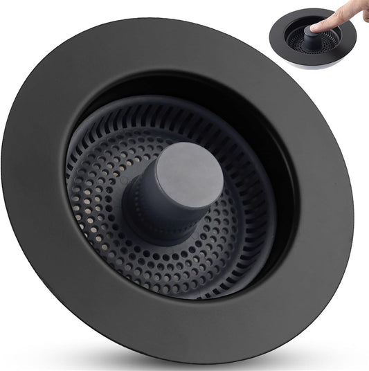 Universal 3 in 1 Kitchen Sink Drain Strainer Stopper Combo, Matte Black