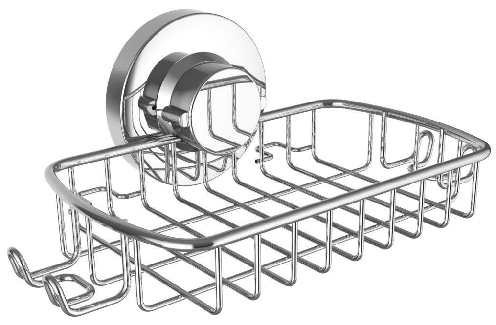Soap Dish for Shower Suction Cup Powerful Vacuum System Rustproof 304 Stainless Steel Basket Sponges Holder with Razor Hooks for Bathroom or Kitchen Soap Holder (Silver)