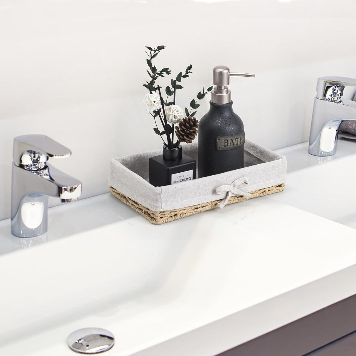 Bathroom Tray Wicker Toilet Paper Basket Toilet Tank Trays for Countertop Storage Behind Bathroom Tray Organizer Toilet Tank Top Basket Suitable for Any Home Décor Style (9.8x5.9x2.36 In, Beige)