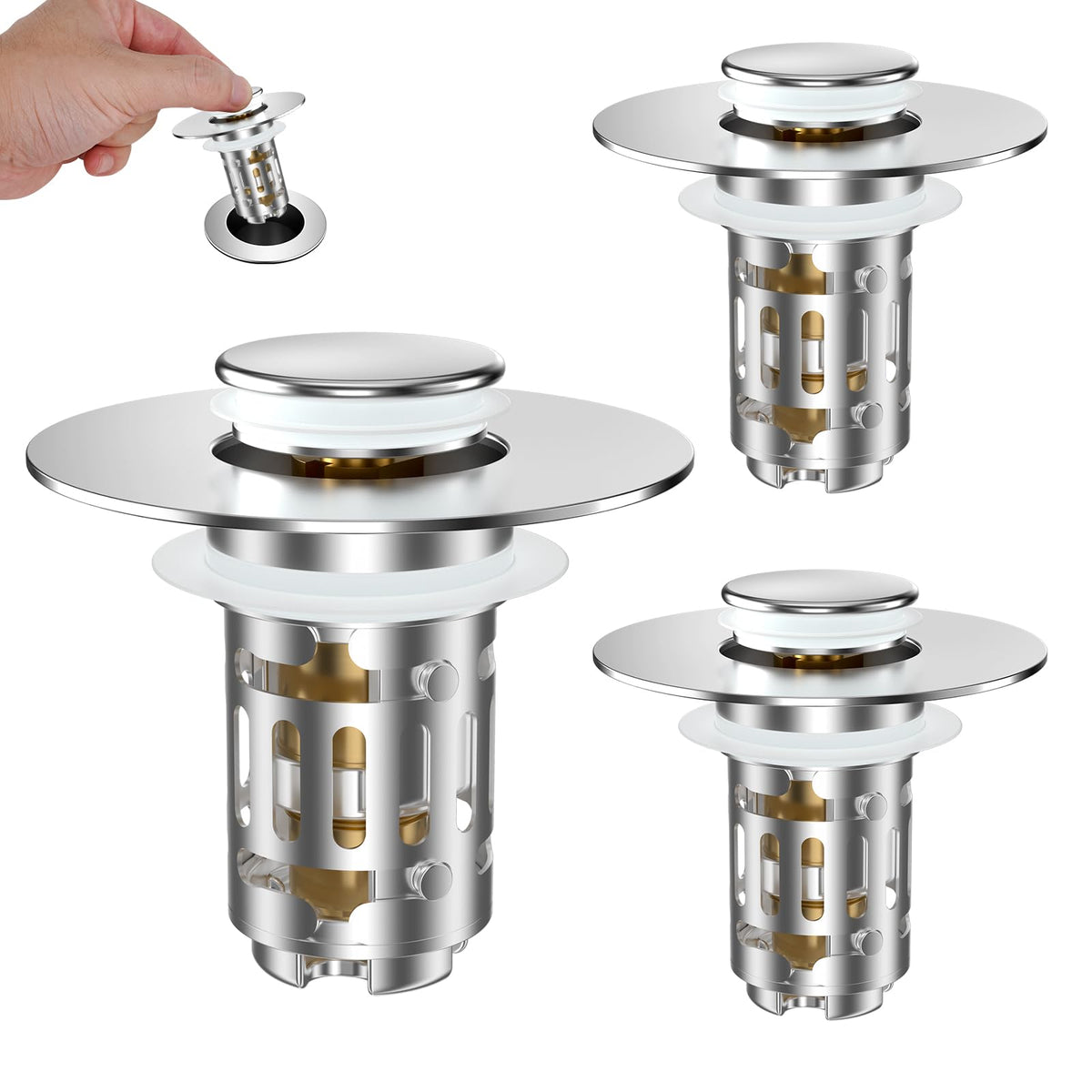 Hibbent 2 Pack Bathroom Sink Drain Strainer, 3 in 1 Pop Up Stopper