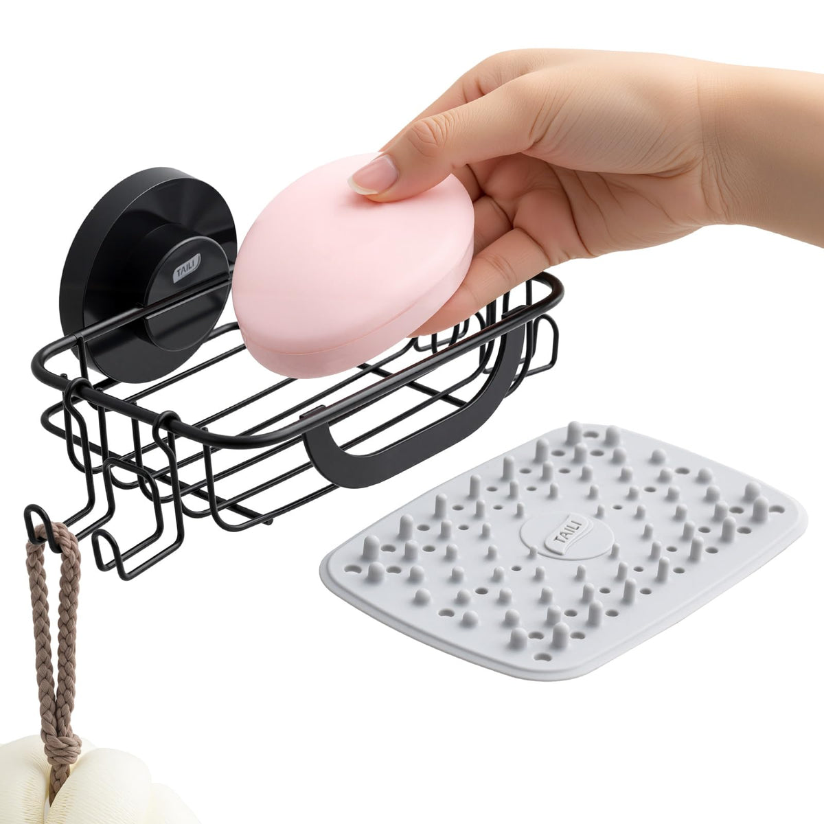 TAILI Soap Dish, Bar Soap Holder Suction Cup,Sponge Holder for Shower,Black