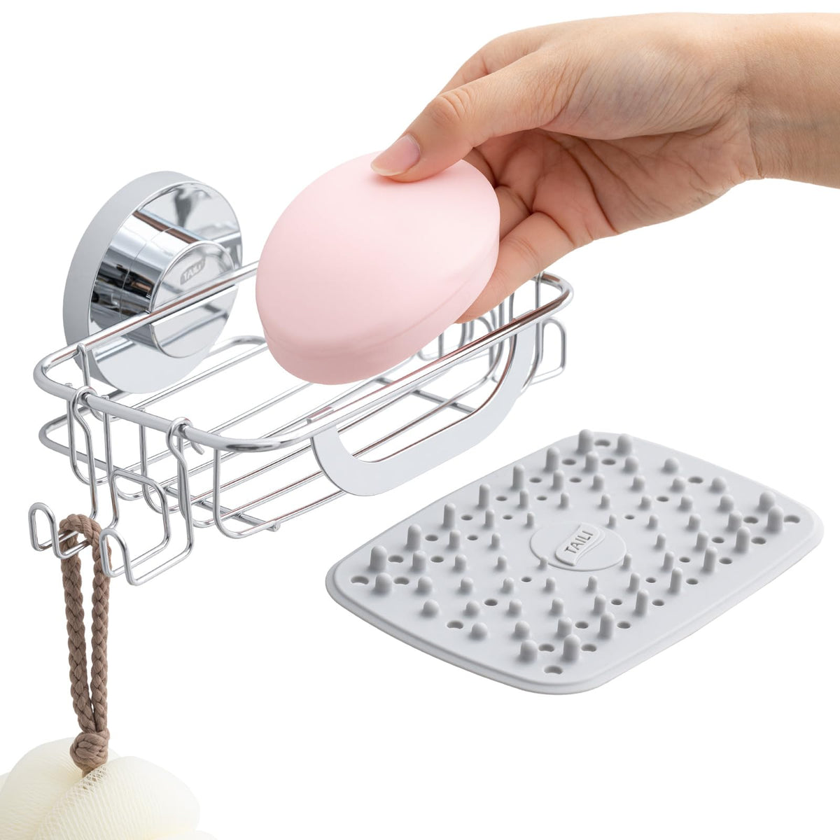 TAILI Soap Dish, Bar Soap Holder Suction Cup,Sponge Holder for Shower,Black