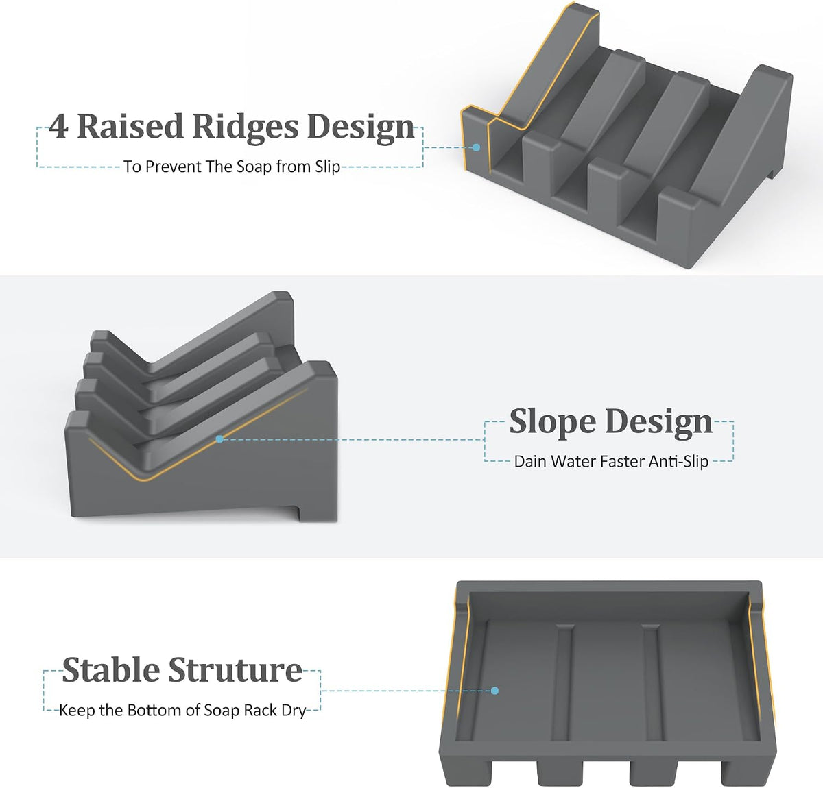 Silicone Soap Dish,3PCS Self Draining Bar Soap Holder,Dark Gray