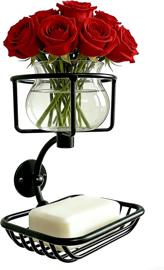 Wall Mounted Bar Soap Holder with Candle & Vase Holder, Farmhouse Soap Dish for Shower Wall, 2-Tier Rustproof Sponge & Soap Organizer for Bathroom, Black Bathroom Wall Decor