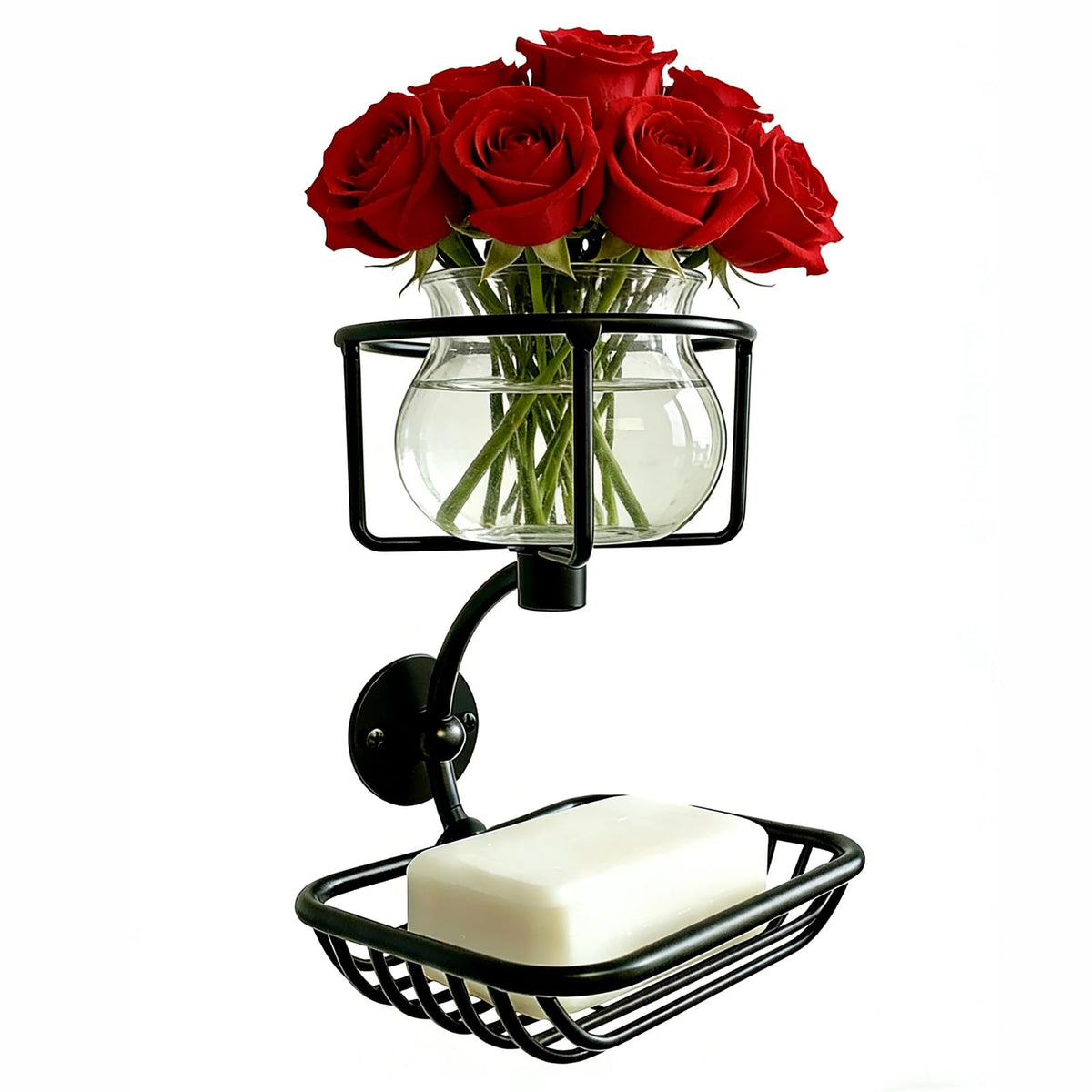 Wall Mounted Bar Soap Holder with Candle & Vase Holder, Farmhouse Soap Dish for Shower Wall, 2-Tier Rustproof Sponge & Soap Organizer for Bathroom, Black Bathroom Wall Decor