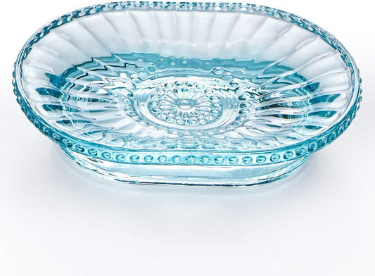 MDLUU Glass Soap Dish, Embossed Bar Soap Holder, Decorative Soap Saver Tray, Vintage Bar Soap Dish for Shower, Bathtub, Bathroom Sink, Kitchen Sink, Pack of 2 (Blue)
