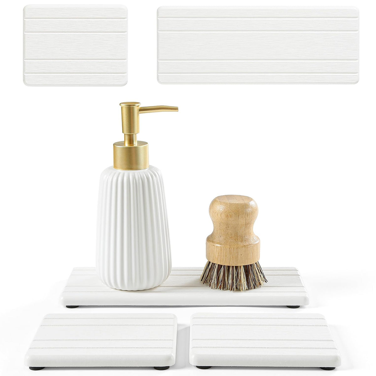 3 Pack Diatomite Stone Sink Tray, Water Absorbing Mat for Kitchen & Bathroom Counter, Quick Dry Soap Dish Makeup Vanity Caddy,Sponge Holder Organizer, Beige - 2pcs of 4.5"x 3.5" and 1pc of 9"x 3.5"