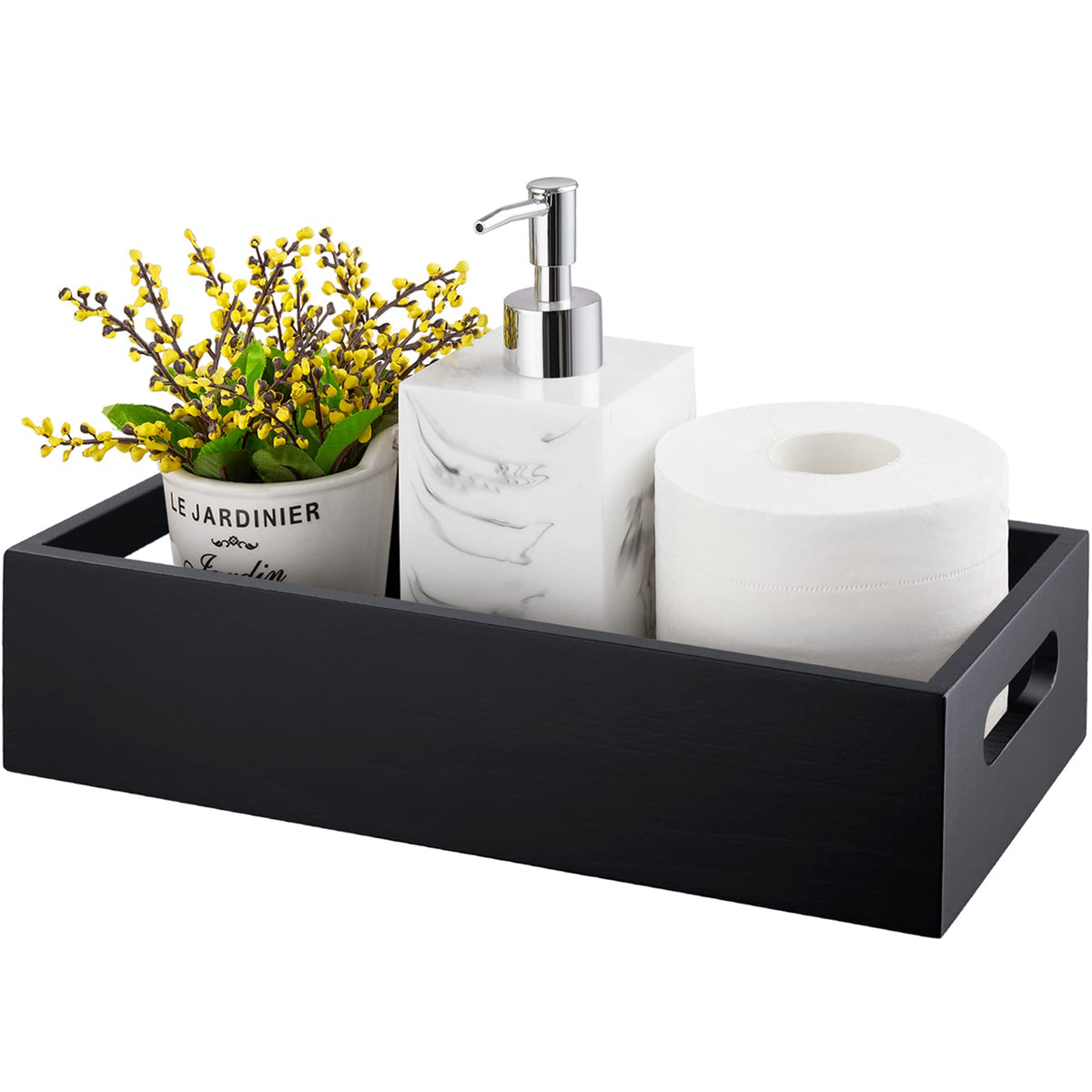 ALELION Black Bathroom Basket - Wooden Toilet Tank Paper Basket with Handle for Organizing - Back of Toilet Storage Organizer for Bathroom Tank Topper Counter - Black Bathroom Decor Box