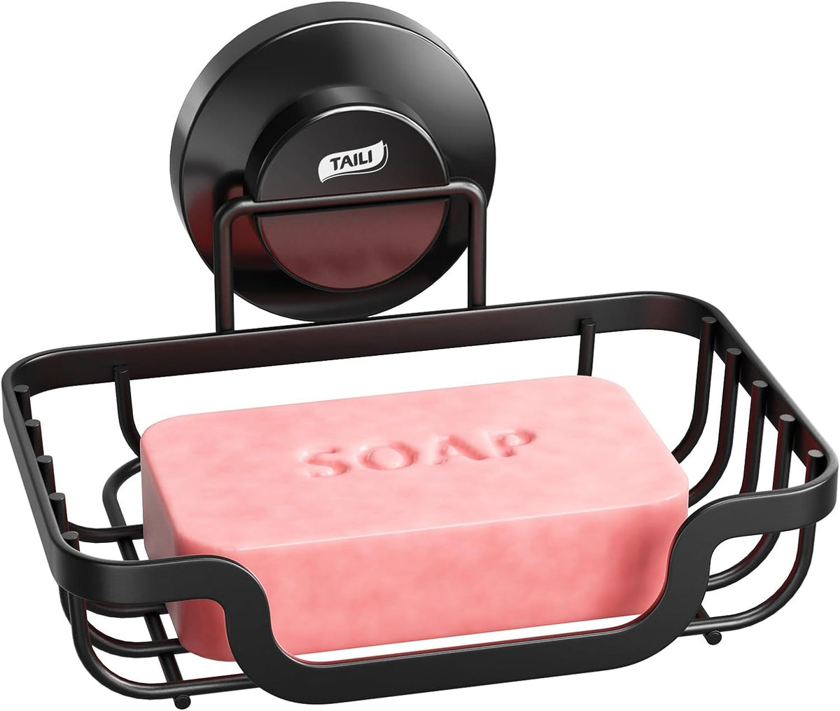TAILI Soap Dish, Bar Soap Holder Suction Cup,Sponge Holder for Shower,Black