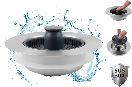Hibbent Upgraded 3-in-1 Kitchen Sink Drain Strainer & Stopper Combo, Chrome