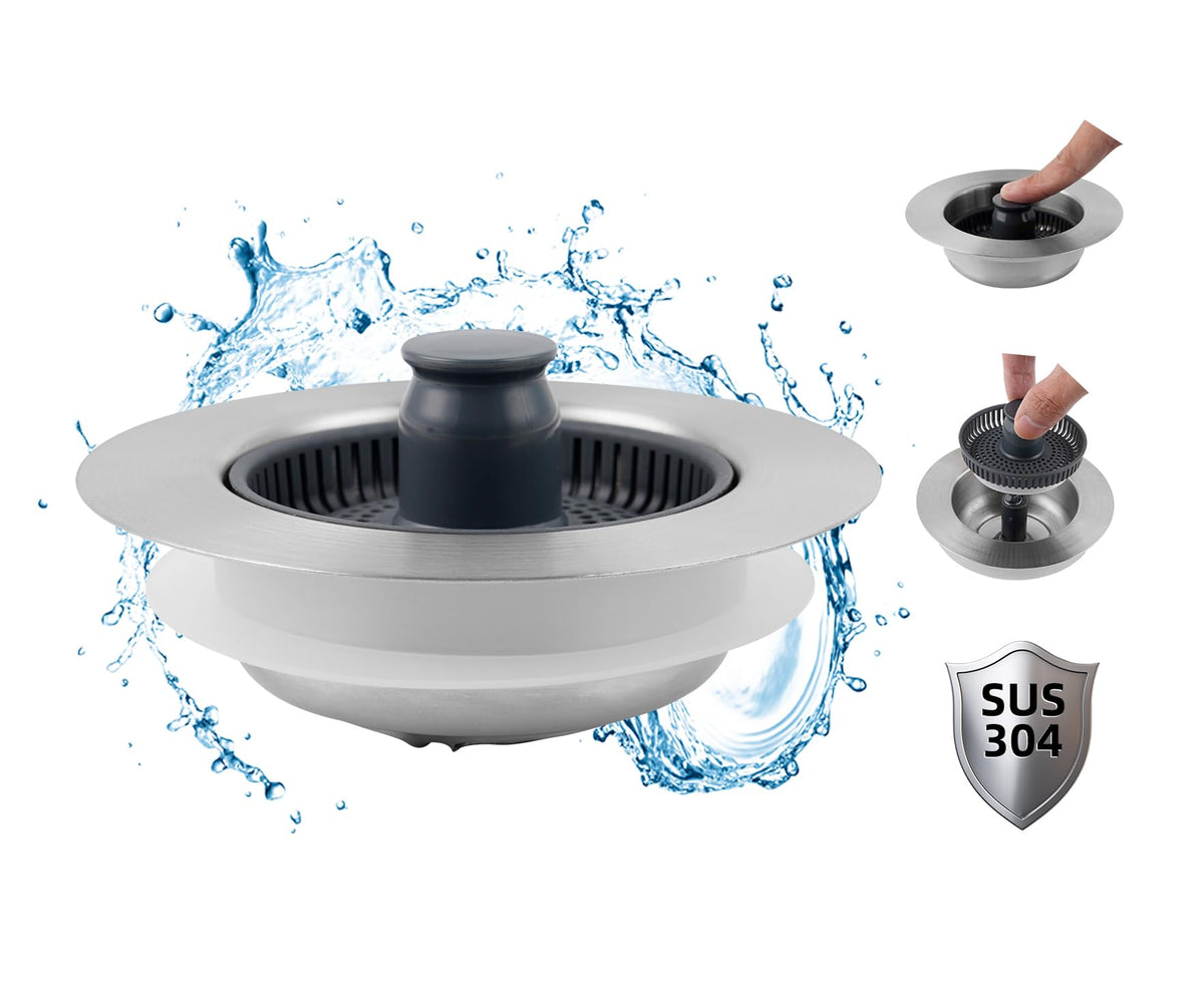 Hibbent Upgraded 3-in-1 Kitchen Sink Drain Strainer & Stopper Combo, Chrome