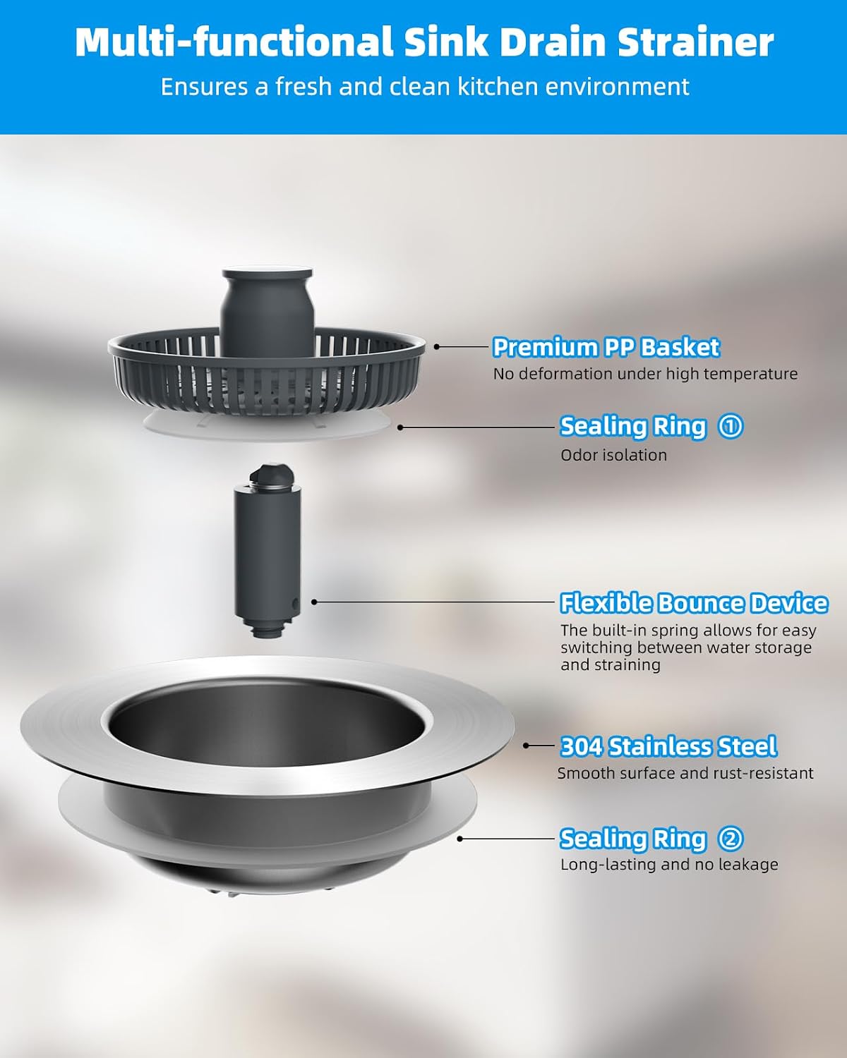 Hibbent Upgraded 3-in-1 Kitchen Sink Drain Strainer & Stopper Combo, Chrome