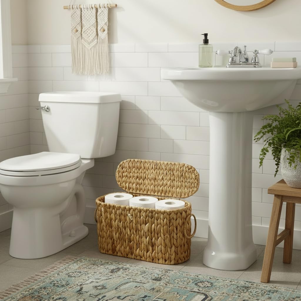 Coeusy Toilet Paper Basket with Lid,Wicker Basket for Bathroom Organizers and Storage,Holds Up to 6 Mega Rolls, Decorative Hand-Woven Rattan Bathroom Decor Accessories,Natural Water Hyacinth