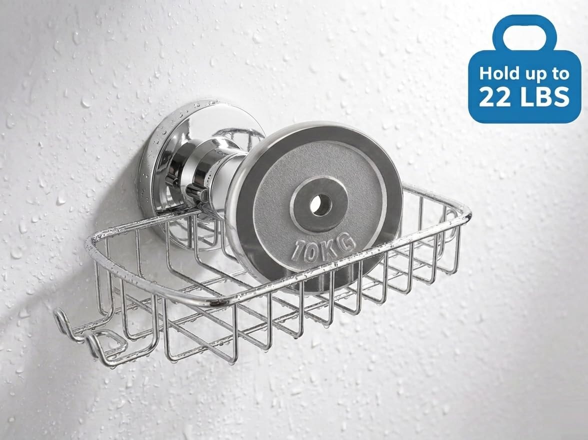 Soap Dish for Shower Suction Cup Powerful Vacuum System Rustproof 304 Stainless Steel Basket Sponges Holder with Razor Hooks for Bathroom or Kitchen Soap Holder (Silver)