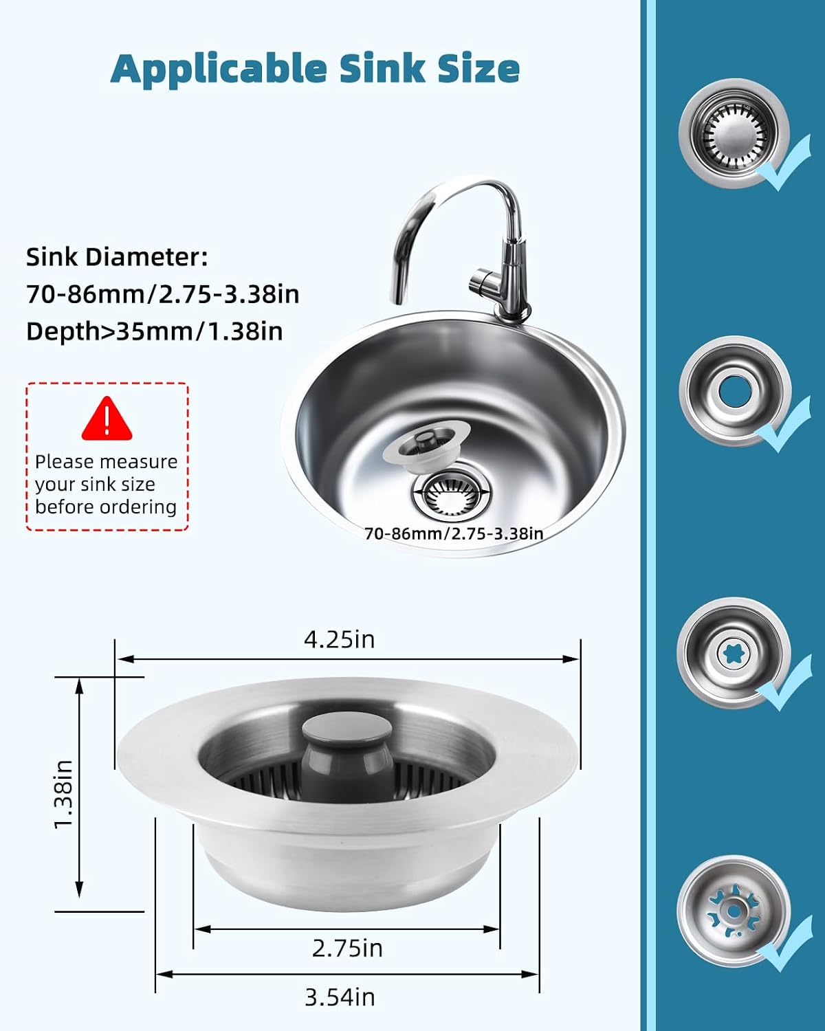 Universal 3 in 1 Kitchen Sink Stopper Strainer, 304 Stainless Steel