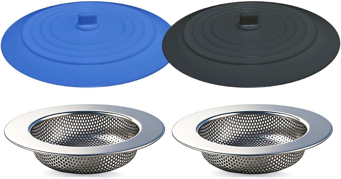 Seatery 4PCS Kitchen Sink Strainer Stopper Kit, Universal Silicone Sink Drain Plug Cover, Drain Water Stopper, 4.5 Inch Stainless Steel Sink Drain Strainer, Food Debris Catcher for Kitchen