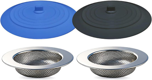 Seatery 4PCS Kitchen Sink Strainer Stopper Kit, Universal Silicone Sink Drain Plug Cover, Drain Water Stopper, 4.5 Inch Stainless Steel Sink Drain Strainer, Food Debris Catcher for Kitchen