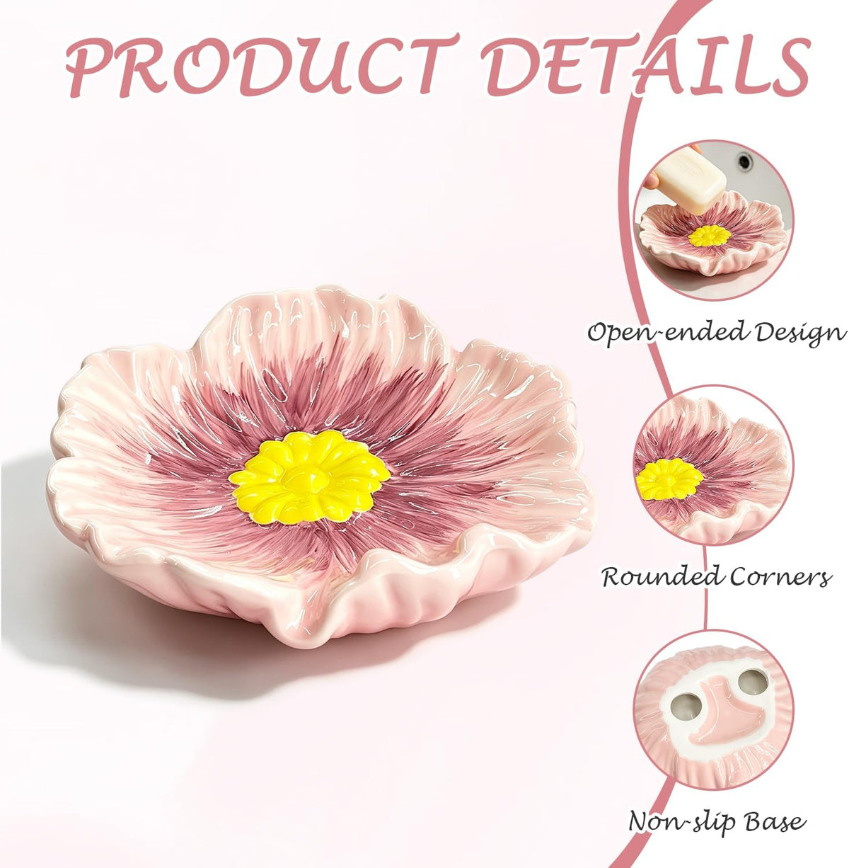 Ceramic Soap Holder, Auto-Draining Glazed Tray for Bathroom Sink